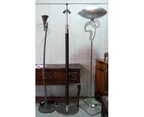 A modern silvered metal 'Lucecrea' standard lamp, with shaped glass shade, 190cm high, and two further contemporary standard 