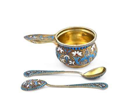 A set of six Russian style vary coloured enamel gilt spoons, the backs of the bowls and the backs and the fronts of the handl