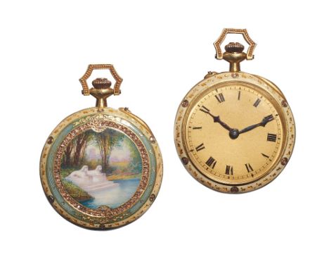 A gold cased, enamelled and diamond set keyless wind, openfaced lady's fob watch, with a gilt jewelled movement, detailed Swi