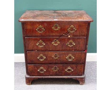 A small George II inlaid walnut chest of four long drawers on bracket feet, 77cm wide x 83cm high x 49cm deep (height reduced