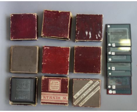 A quantity of three inch magic lantern slides, late 19th century, mainly boxed sets by W. Henman, including classical theatre