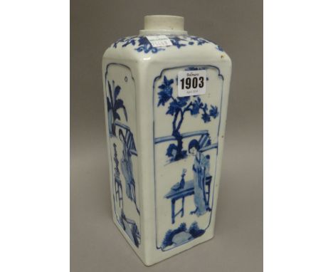 A Chinese blue and white flask, late 19th/20th century, of square section, painted each side with a panel of a woman in a gar