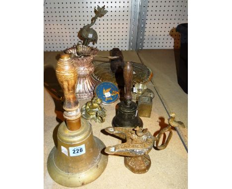 Metalwork collectables, including; white metal lamp base, hand bells, pair of embossed copper roundels and sundry, (qty).   S