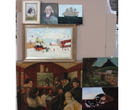 A group of seven 20th century oils, including a 19th century carriage scene, a coaching scene, two oils of dogs, a portrait a