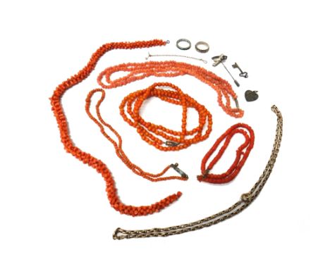 A gold oval link neckchain, on a boltring clasp, weight 8.3 gms, two coral necklaces, three imitation coral necklaces, two ri