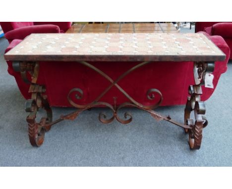 A 20th century console table, the mosaic rectangular top on a scrolling wrought iron base united by stretcher, 145cm wide x 5