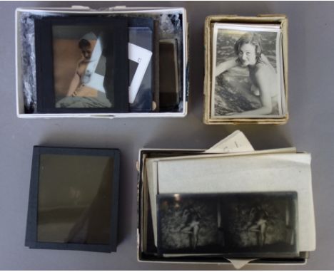 A quantity of magic lantern slides and glass photographic plates, late 19th century and early 20th century, nude and erotica,