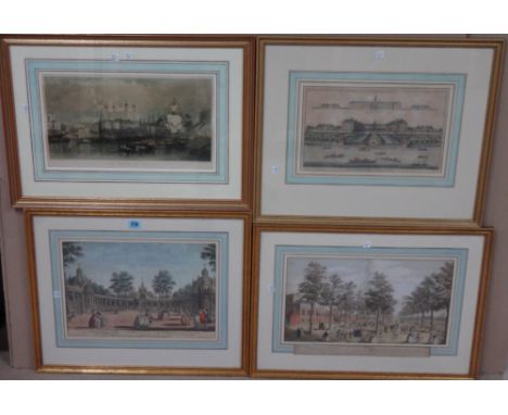 A group of eight hand coloured engravings, including views of Vauxhall Gardens; St James' Park; Royal Hospital, Chelsea, The 