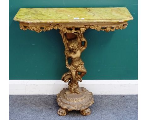 A 20th century console table, the canted faux marble top on a carved gold painted figural support and paw feet, 80cm wide x 8