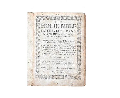 BIBLE - The English Douai First Edition Old Testament, (vol. 1 only, of 2), 1609. The Holie Bible Faithfully Trans-lated Into