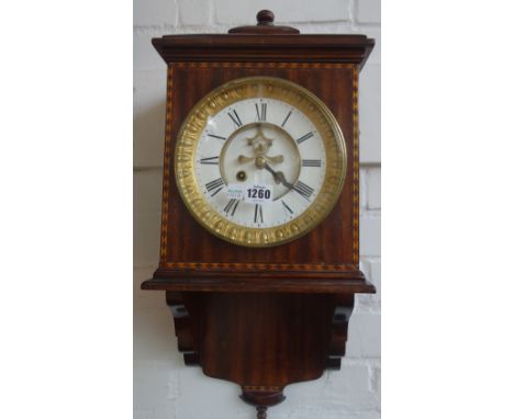 A mahogany and cross banded wall/bracket clock, with brocote escapement and two train movement, 57cm high, (key & pendulum)