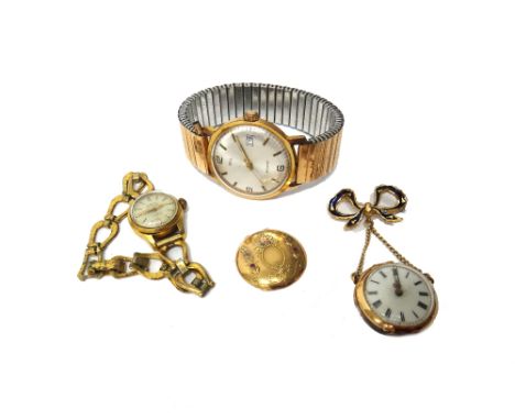 A lady's two colour gold cased pendant fob watch, with a gilt cylinder movement, gold inner case, the enamelled dial with bla