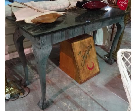 A George III style grey painted console table, with marble top on ball and claw feet, 137cm wide x 84cm high x 51cm deep.  D3