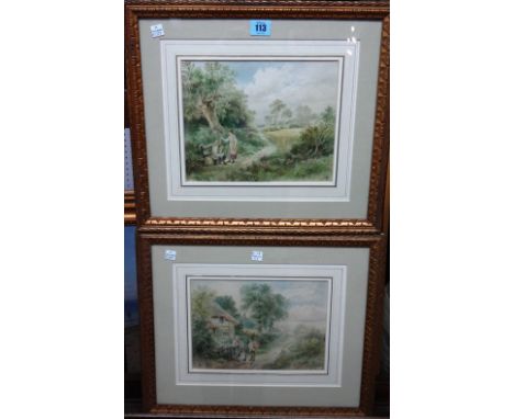 Follower of Myles Birket Foster, At the garden gate; At the stile, a pair, watercolour, bearing monograms, each 18cm x 25cm.(