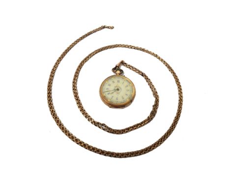 A gold cased, keyless wind, openfaced fob watch, with an unsigned gilt cylinder movement, base metal inner case, the decorate