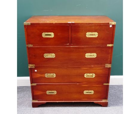 A campaign style brass mounted yew wood two part chest, with two short and three long drawers, on bracket feet, 87cm wide x 9