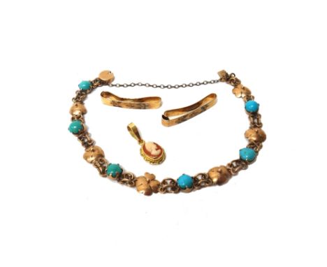 A gold and turquoise set bracelet, formed as a row of flowerhead motifs, alternating with circular turquoise, on a snap clasp