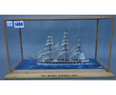 A painted wooden scale model ship, titled to the glazed case '1891 Mount Stewart 1925', 39cm wide, and one further scale mode