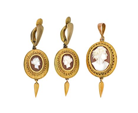 A Victorian gold mounted oval shell cameo pendant and a similar pair of pendant earrings, the tops of these with later associ