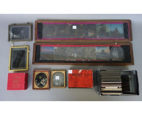A quantity of three inch magic lantern glass slides and larger glass photographic plates, late 19th/mid-20th century, general