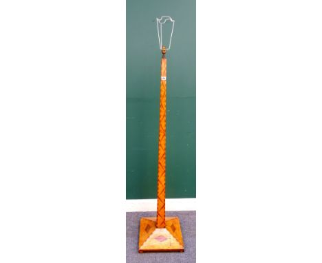 A mid-20th century inlaid walnut standard lamp, with tapering square column on flared base, 157cm high (excluding fitments).