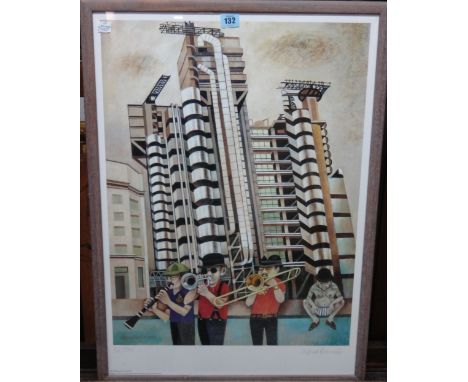 Alfred Daniels (1924-2015), A band playing in a cityscape, colour reproduction, signed and numbered 36/500, 60cm x 45cm.  F1