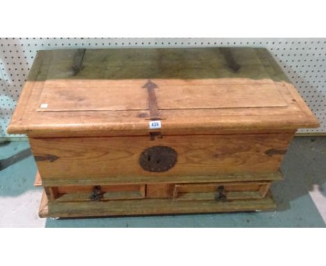 A 20th century hardwood metal bound trunk, with two drawers to the base, 89cm wide x 51cm high.  K10
