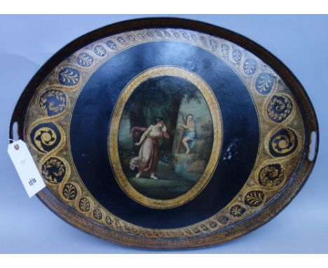 A Regency tole peinte oval two handled tray, centrally painted with Cupid playing a harp with a female attendant, within a gi