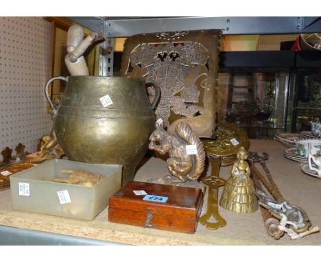 Metalwork collectables, including; a reproduction brass coach step, an embossed cooper pipe rack, a door stop formed as a squ