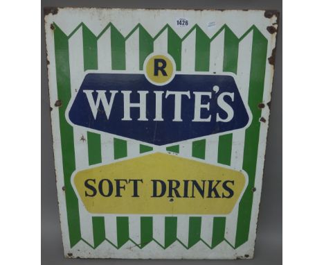 A vintage 'R.Whites Soft Drink' enamel sign (64cm x 52cm), a 'Lyons Cakes' enamel sign, (44cm wide) and a circular metal 'NO 