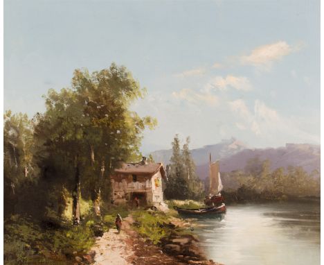 Framed, bears name 'R. Unterberger', 20th Century oil on canvas, figure on path beside river with mountains beyond, 43cm x 52