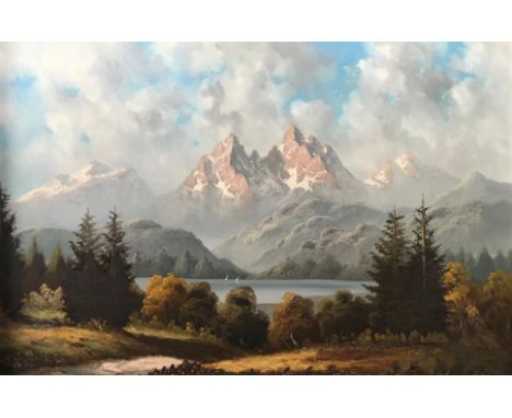 R. JENNET. Framed, signed, oil on canvas, mountainous landscape, 60.2cm x 90.4cm.