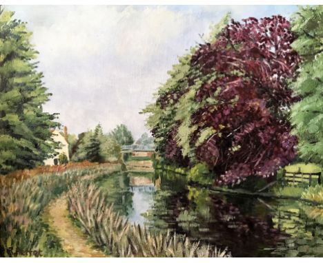 R. PETTET. Framed, signed, oil on canvas, canal scene with summer cottage in the background, 58cm x 74cm.