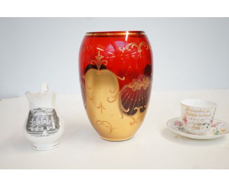 Italian ruby &amp; gilded vase together with a commemorative jug &amp; a 1892 cup &amp; saucer