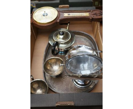 Box of silver plated ware to include a barometer 