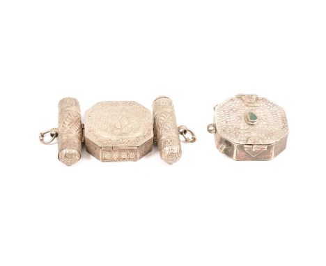 Two Eastern white metal amulet boxes, 11cm and 7cm.Qty: 2