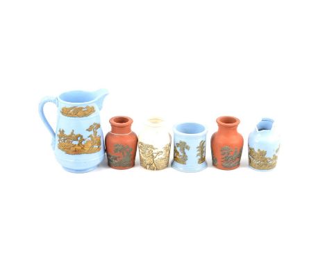 Two trays of Victorian blue and brown jars and jugs, transfer decoarted with hunting scenes, Shakespearean scenes, etc, some 