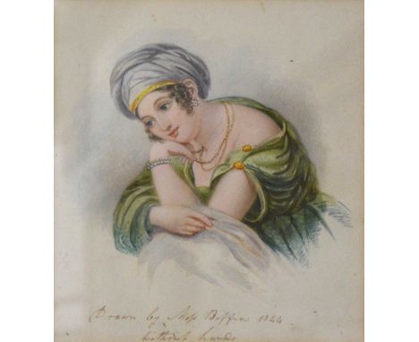 Miss Biffin, Portrait of a woman in a turban, pencil and watercolour on paper, signed and dated,15x14cm,framed and glazed.Con