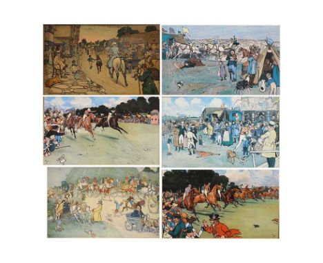 Cecil Aldin, six Bluemarket Races prints, five modern prints in mahogany effect frames and one old print, "Homewards", in a h