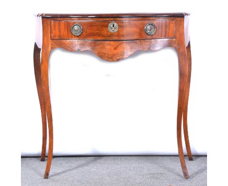 French walnut console table, serpentine top, frieze drawer, cabriole legs, width 77cm, depth 39cm, height 74cm.