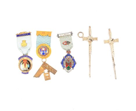A 9 carat yellow gold Lodge Temperantia 4088 jewel, on light blue ribbon, with a silver-gilt set square beneath; a Royal Maso