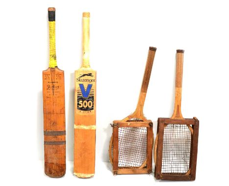 Collection of vintage sporting equipment, including signed cricket bats, including Australia 1961, tennis racquets, and lawn 