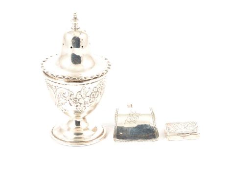 A silver vinaigrette by Adie &amp; Lovekin Ltd, Birmingham 1911, scroll engraved cover, 22 x 15mm, missing grille; a George I