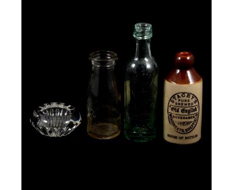 Collection of Vintage glass bottles, mostly clear and green glass, some moulded branding for A.E Bagnall Liverpool, Simpson &