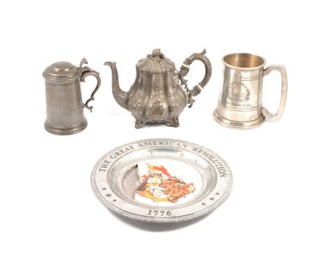 Box of assorted plated and pewter ware, including tankards, including a lidded presentation tankard for Worcester College Jun