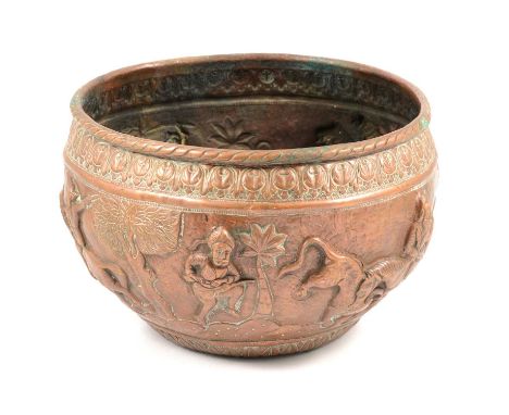 Indian brass jardiniere, embossed and engraved with a hunting scene, 18cm.