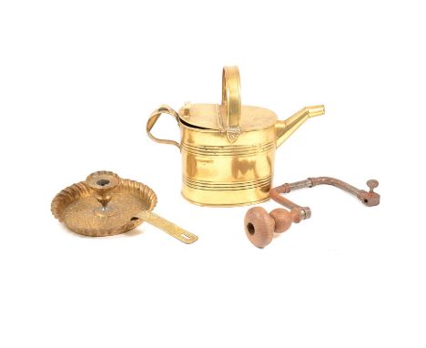Large box of metalware, including an Eastern gong, platform scales, watering can, andirons, Corinthian column lamp, chamber s