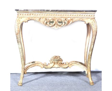 Modern console table, rectangular marble top, acanthus carved frieze, cabriole legs joined by a scrolled stretcher, width 84c