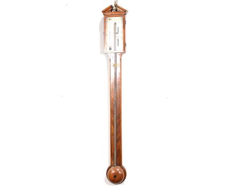 George III mahogany stick barometer, architectural pediment, herringbone case, turned cisterm cover with boxwood and ebont st