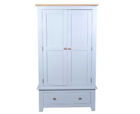 Modern double wardrobe by the Cotswold Company, painted dove grey, drawer base, width 119cm, depth 59cm, height 194cm.Conditi
